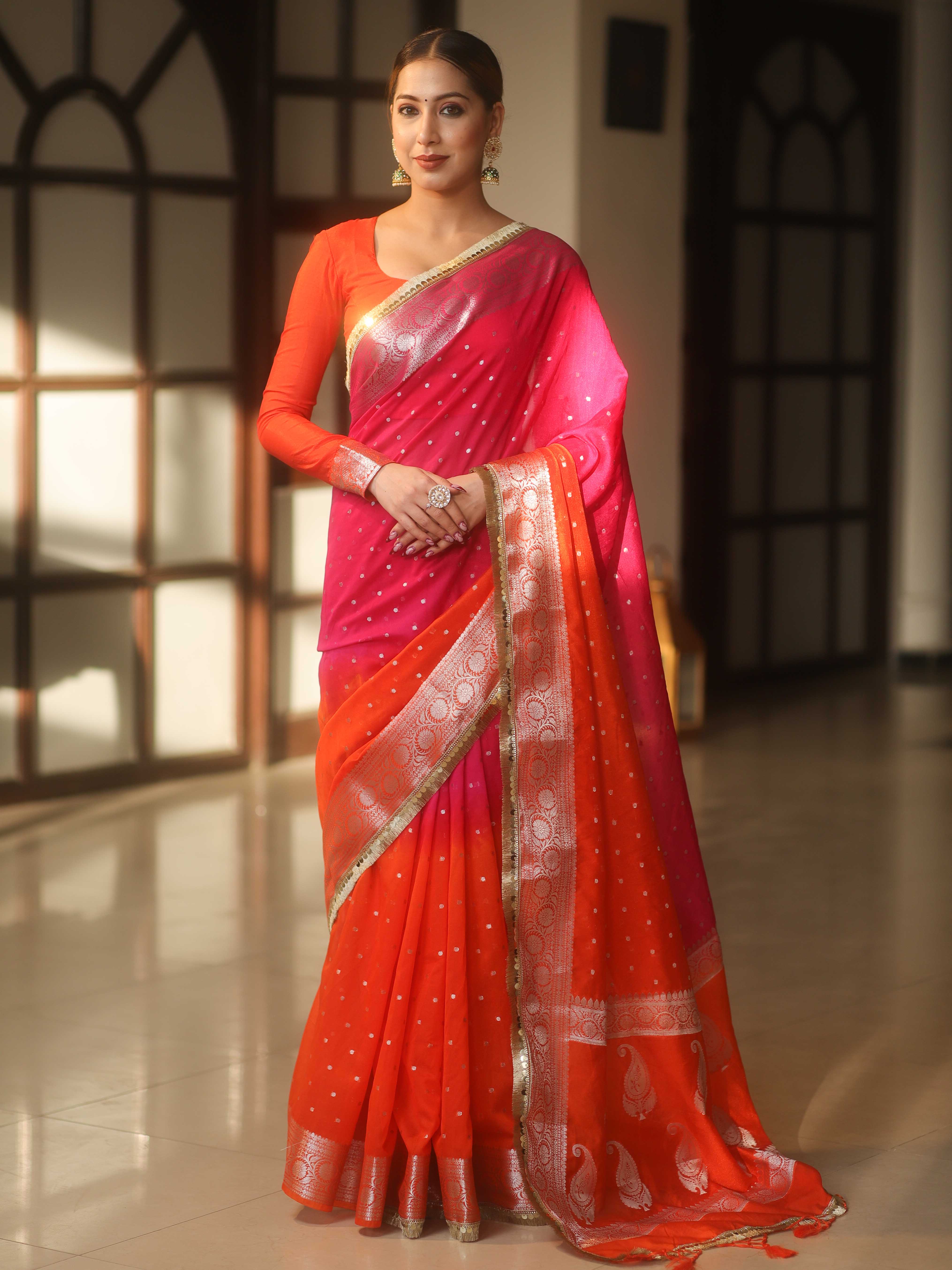 Banarasee Handwoven Semi-Chiffon Dual Color Saree With Silver Zari & Lace-Orange & Pink