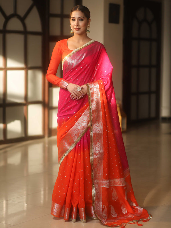 Banarasee Handwoven Semi-Chiffon Dual Color Saree With Silver Zari & Lace-Orange & Pink