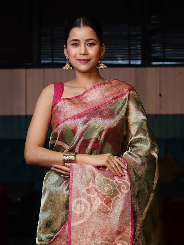 Banarasee Handwoven Tissue Saree With Resham Work & Contrast Border-Green & Pink