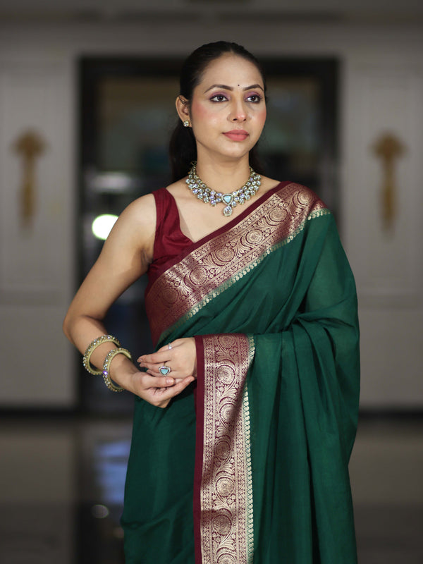 Banarasee Handloom Plain Semi Silk Saree With Zari Woven Contrast Border-Green & Maroon
