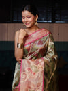Banarasee Handwoven Tissue Saree With Resham Work & Contrast Border-Green & Pink