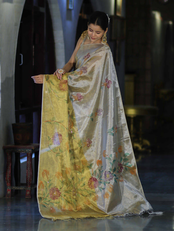 Banarasee Tissue Saree With Hand Embroidered Cutdana Work & Digital Prints-Gold & Silver