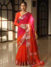 Banarasee Handwoven Semi-Chiffon Dual Color Saree With Silver Zari & Lace-Orange & Pink