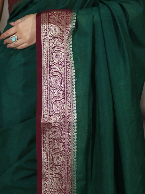 Banarasee Handloom Plain Semi Silk Saree With Zari Woven Contrast Border-Green & Maroon