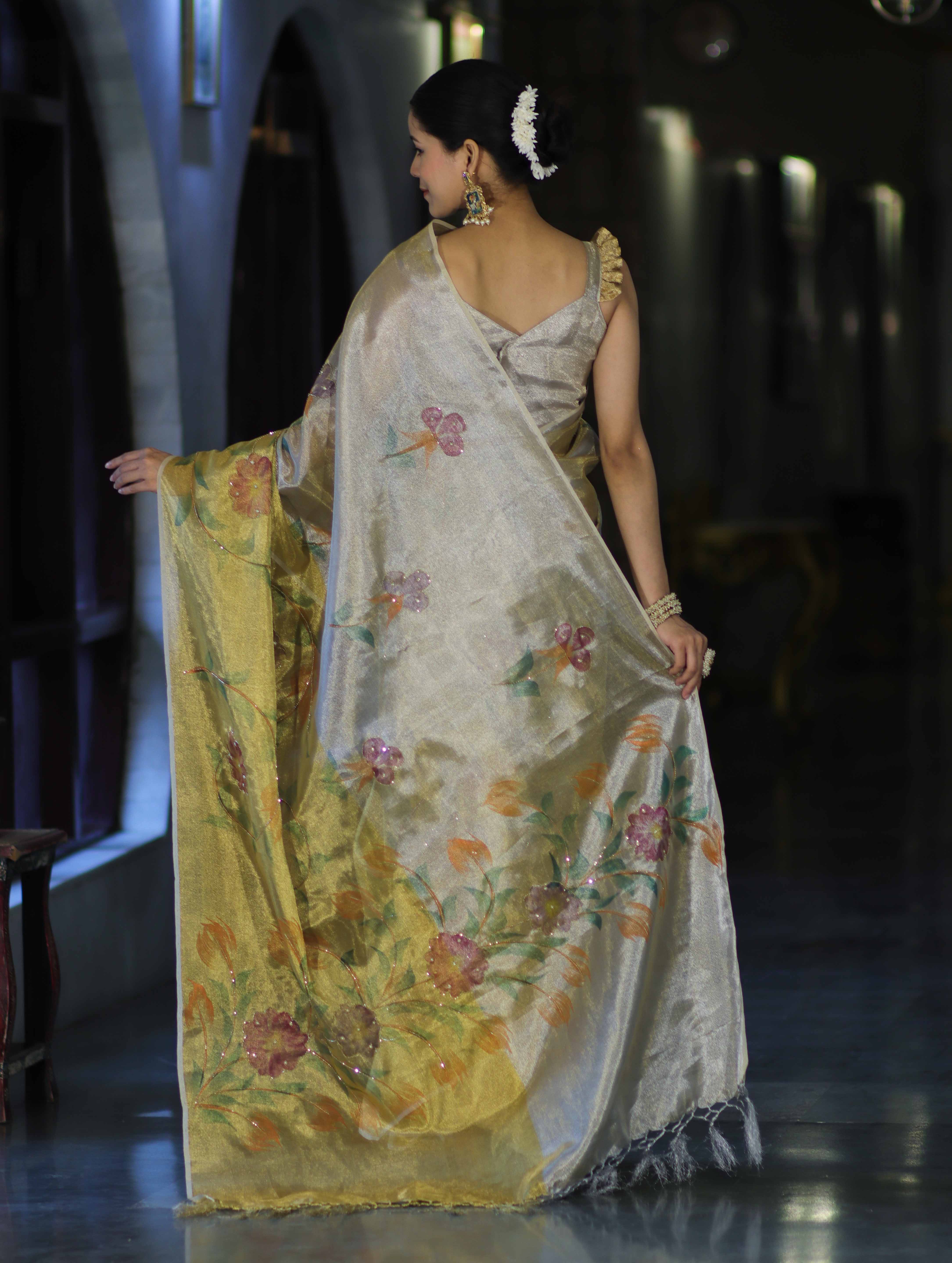 Banarasee Tissue Saree With Hand Embroidered Cutdana Work & Digital Prints-Gold & Silver