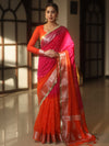 Banarasee Handwoven Semi-Chiffon Dual Color Saree With Silver Zari & Lace-Orange & Pink