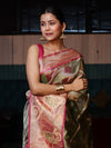 Banarasee Handwoven Tissue Saree With Resham Work & Contrast Border-Green & Pink
