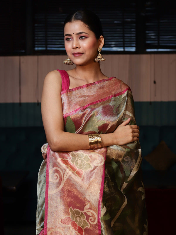 Banarasee Handwoven Tissue Saree With Resham Work & Contrast Border-Green & Pink