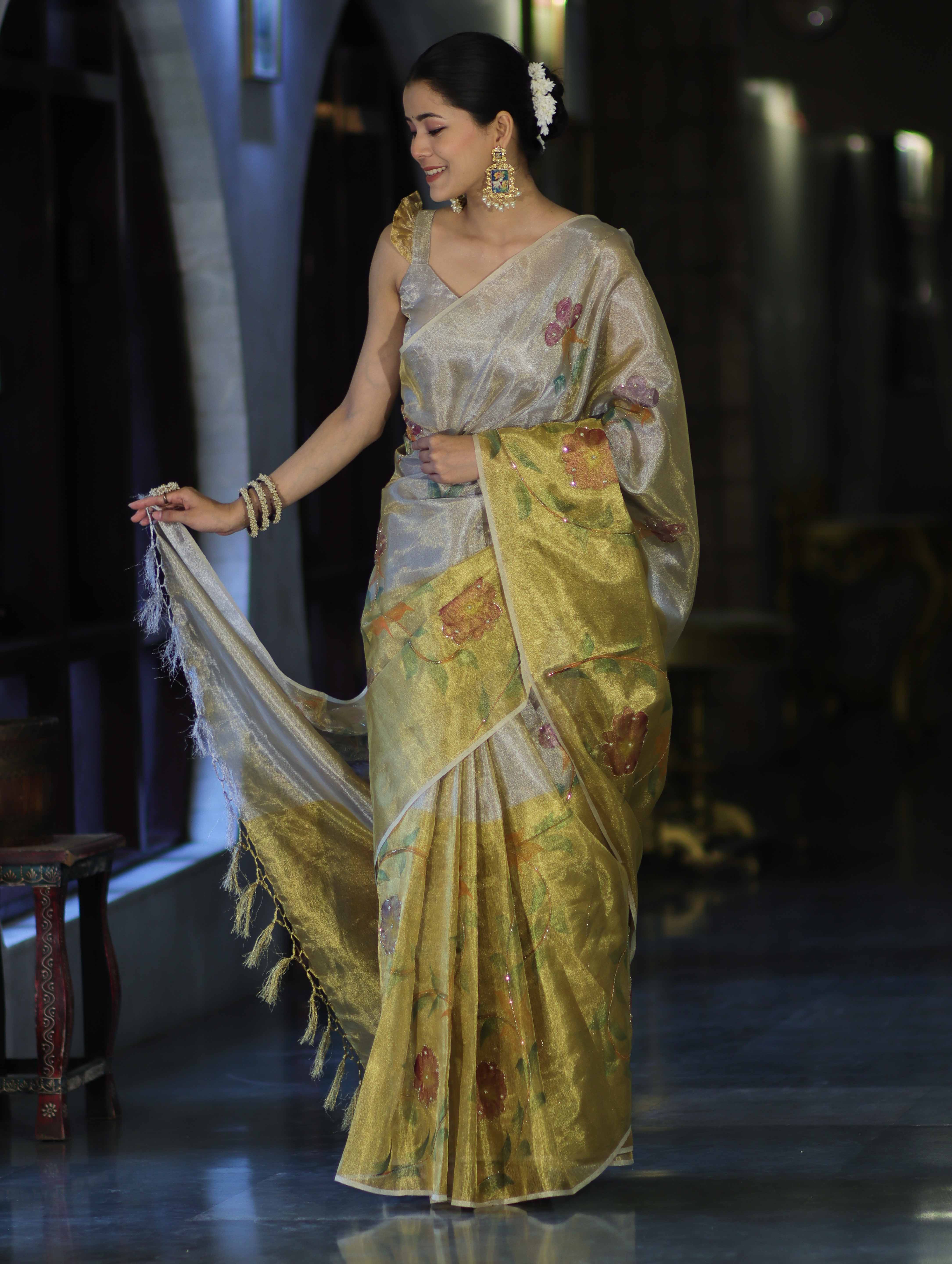 Banarasee Tissue Saree With Hand Embroidered Cutdana Work & Digital Prints-Gold & Silver