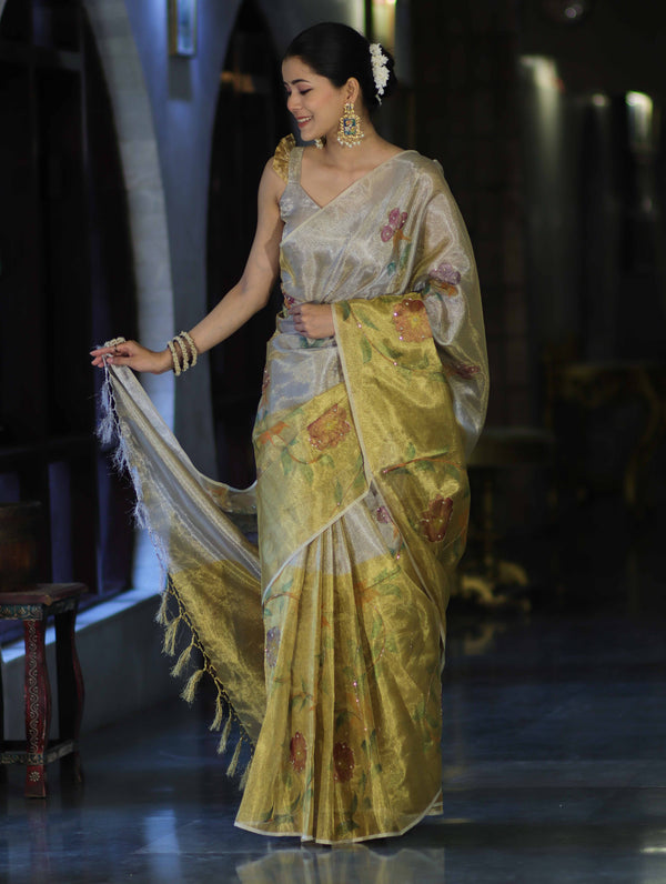 Banarasee Tissue Saree With Hand Embroidered Cutdana Work & Digital Prints-Gold & Silver