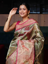 Banarasee Handwoven Tissue Saree With Resham Work & Contrast Border-Green & Pink