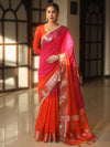 Banarasee Handwoven Semi-Chiffon Dual Color Saree With Silver Zari & Lace-Orange & Pink