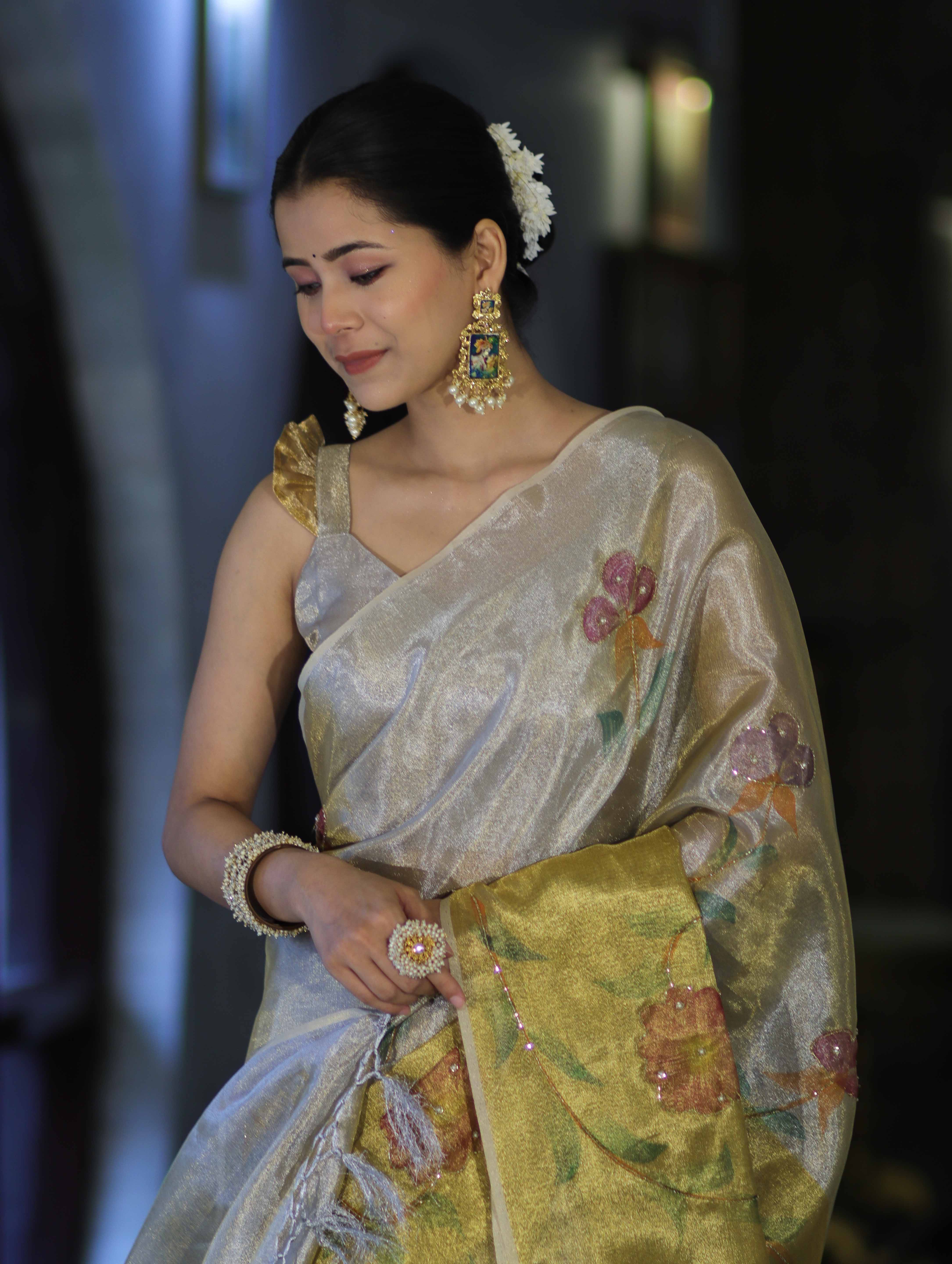 Banarasee Tissue Saree With Hand Embroidered Cutdana Work & Digital Prints-Gold & Silver