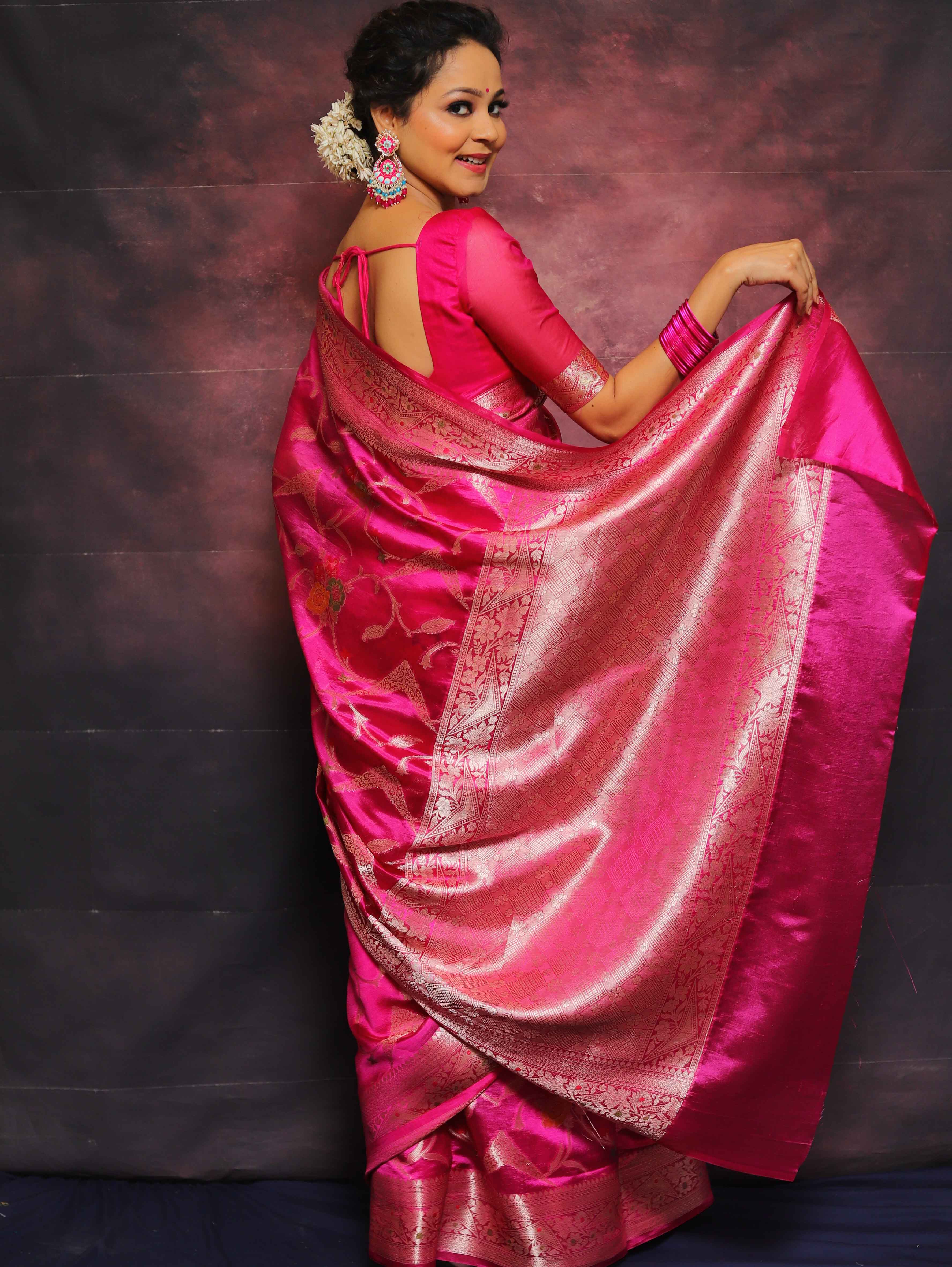 Banarasee Handloom Pure Dupion Silk Saree With Gold Zari Work-Pink