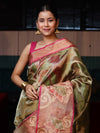 Banarasee Handwoven Tissue Saree With Resham Work & Contrast Border-Green & Pink