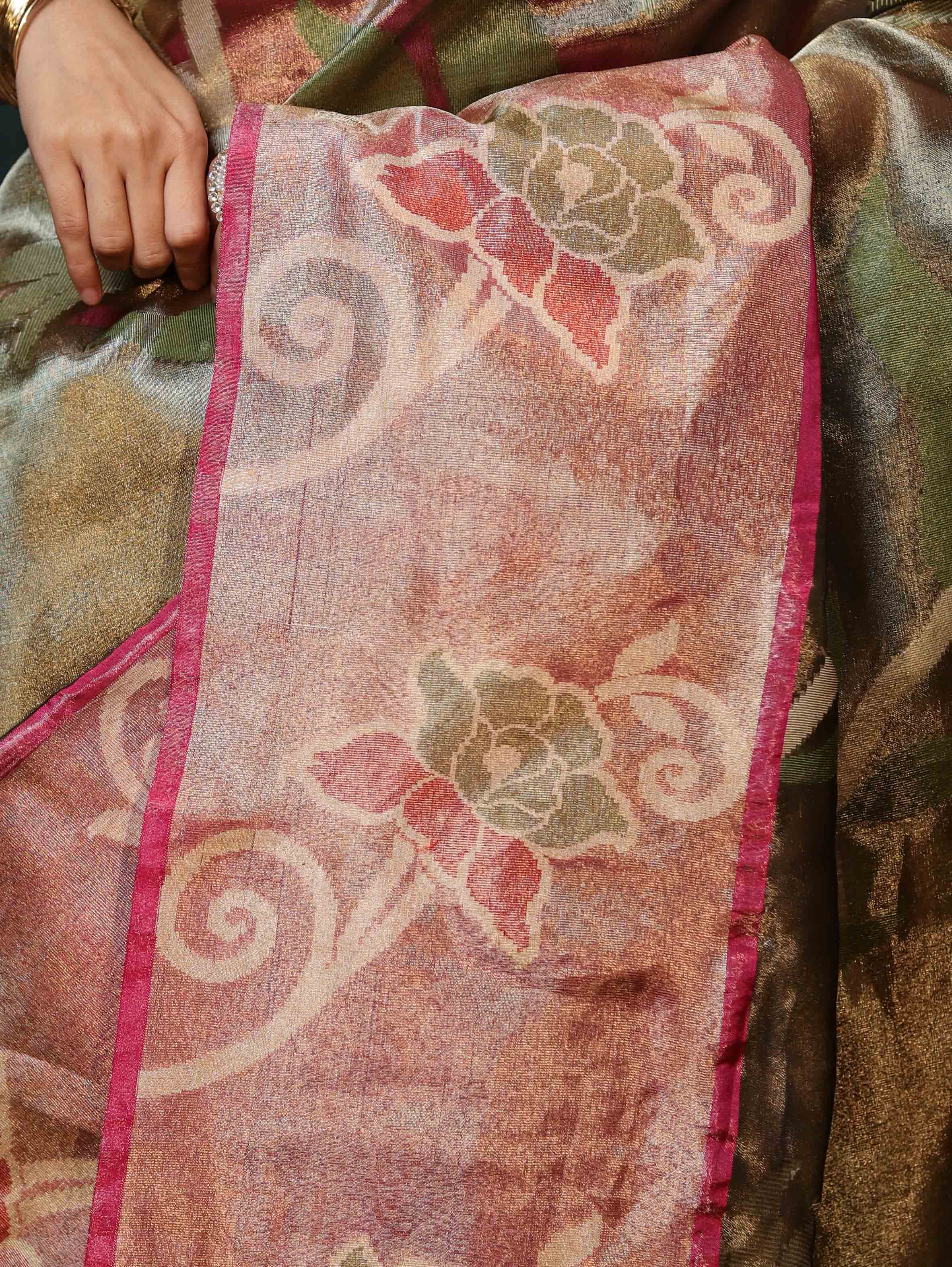 Banarasee Handwoven Tissue Saree With Resham Work & Contrast Border-Green & Pink