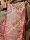 Banarasee Handwoven Tissue Saree With Resham Work & Contrast Border-Green & Pink
