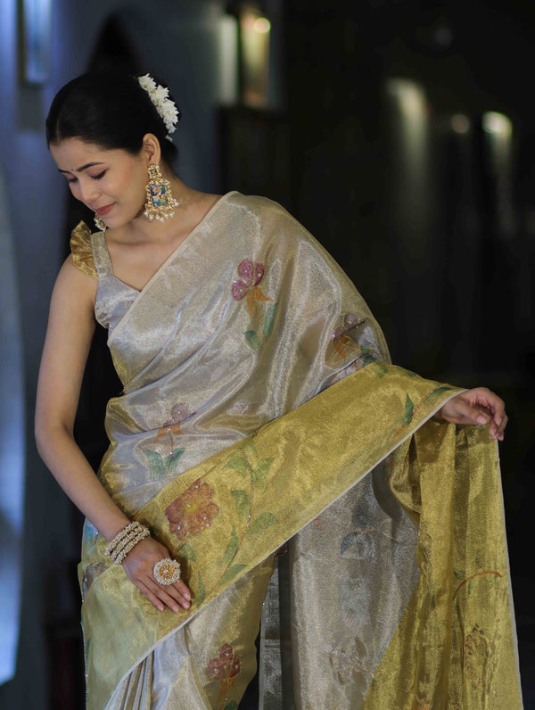 Banarasee Tissue Saree With Hand Embroidered Cutdana Work & Digital Prints-Gold & Silver