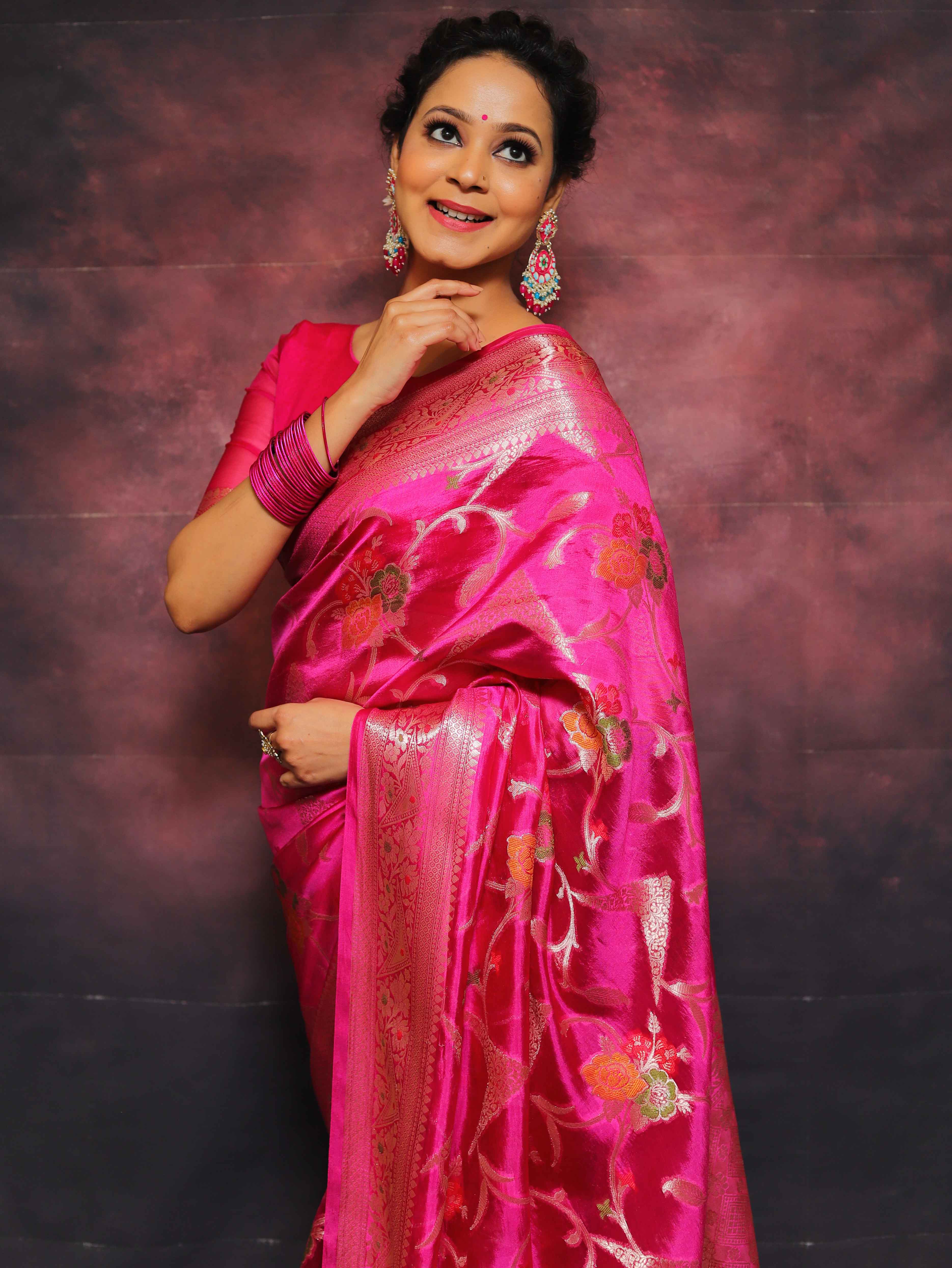 Banarasee Handloom Pure Dupion Silk Saree With Gold Zari Work-Pink