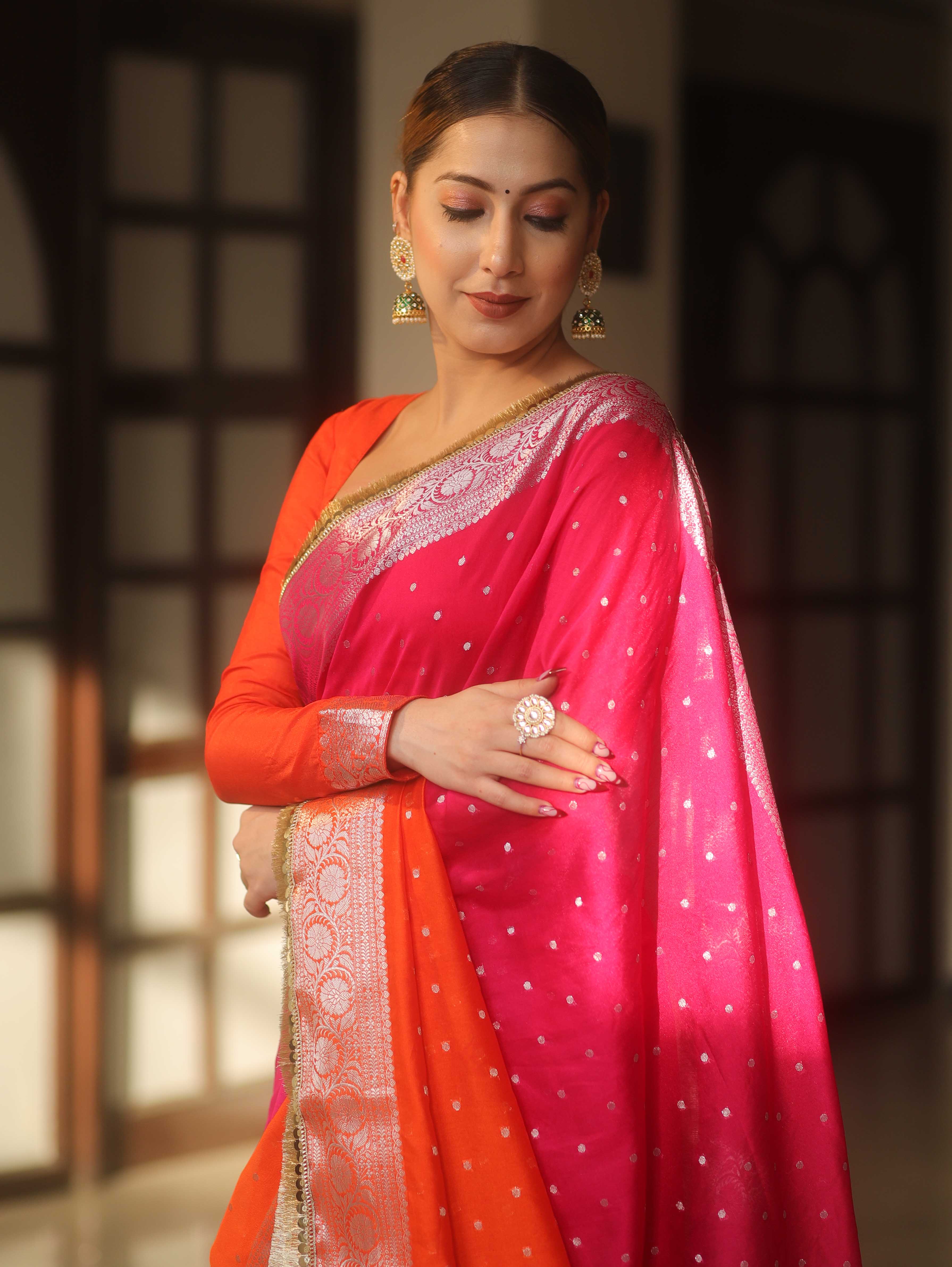 Banarasee Handwoven Semi-Chiffon Dual Color Saree With Silver Zari & Lace-Orange & Pink