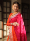 Banarasee Handwoven Semi-Chiffon Dual Color Saree With Silver Zari & Lace-Orange & Pink