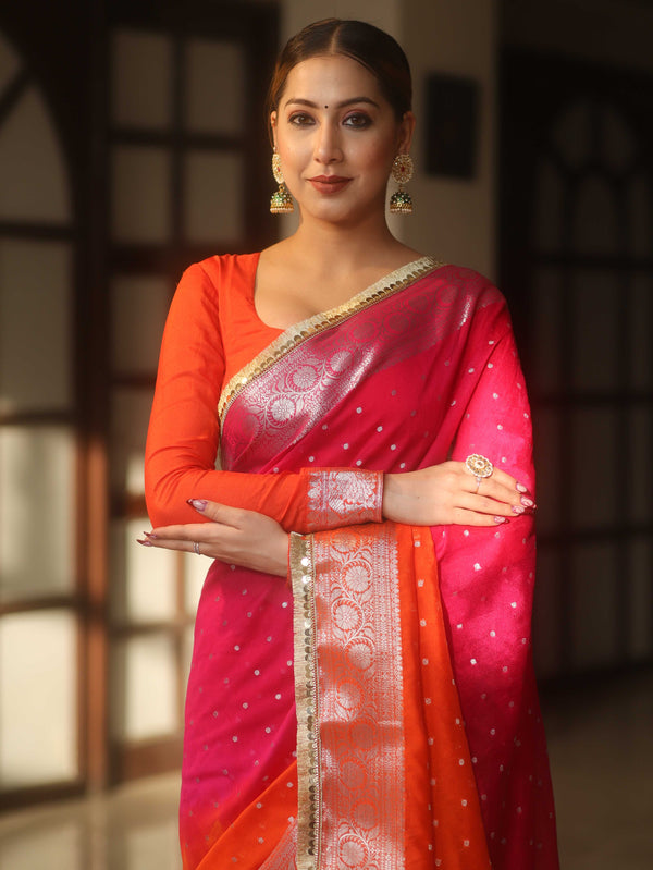 Banarasee Handwoven Semi-Chiffon Dual Color Saree With Silver Zari & Lace-Orange & Pink
