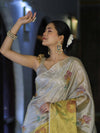Banarasee Tissue Saree With Hand Embroidered Cutdana Work & Digital Prints-Gold & Silver