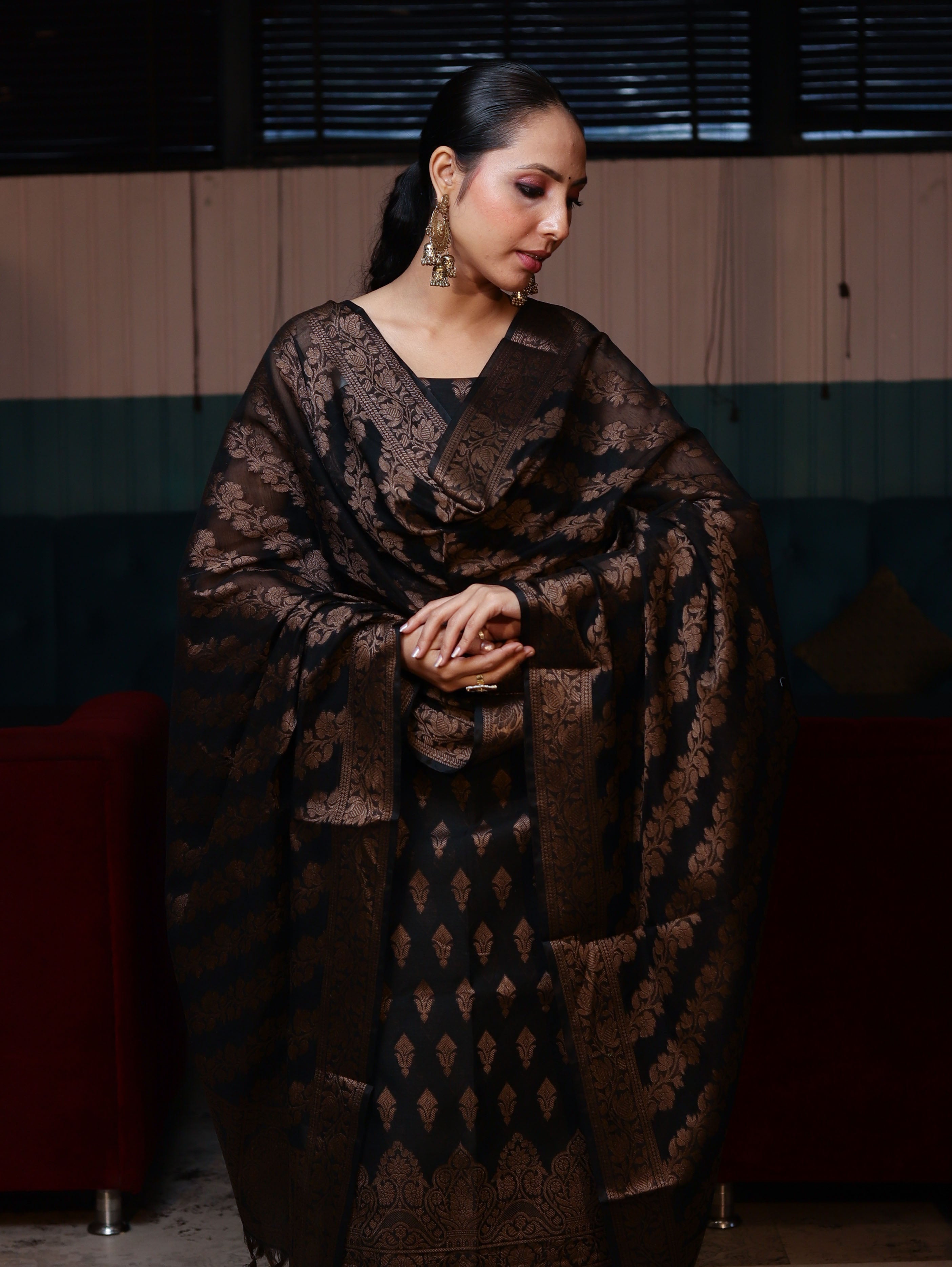 Banarasee Cotton Silk Resham Work Salwar Kameez Fabric With Dupatta Set-Black