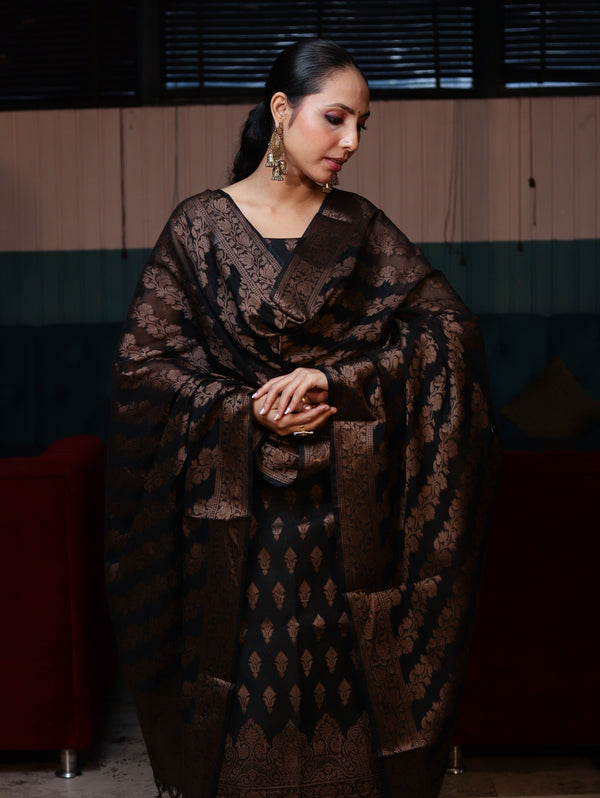 Banarasee Cotton Silk Resham Work Salwar Kameez Fabric With Dupatta Set-Black