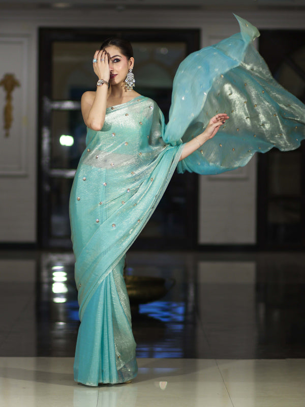 Banarasee Handwoven Dual Shaded Chiffon Saree With Aari Motifs-Light Green