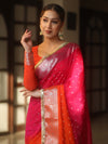 Banarasee Handwoven Semi-Chiffon Dual Color Saree With Silver Zari & Lace-Orange & Pink