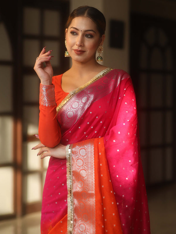 Banarasee Handwoven Semi-Chiffon Dual Color Saree With Silver Zari & Lace-Orange & Pink