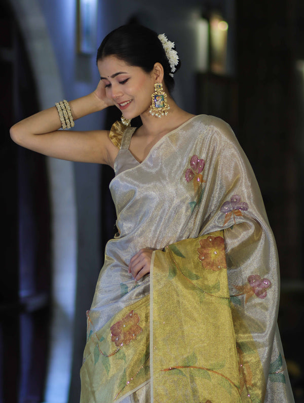 Banarasee Tissue Saree With Hand Embroidered Cutdana Work & Digital Prints-Gold & Silver