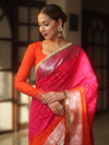 Banarasee Handwoven Semi-Chiffon Dual Color Saree With Silver Zari & Lace-Orange & Pink