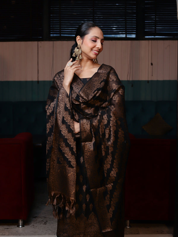 Banarasee Cotton Silk Resham Work Salwar Kameez Fabric With Dupatta Set-Black