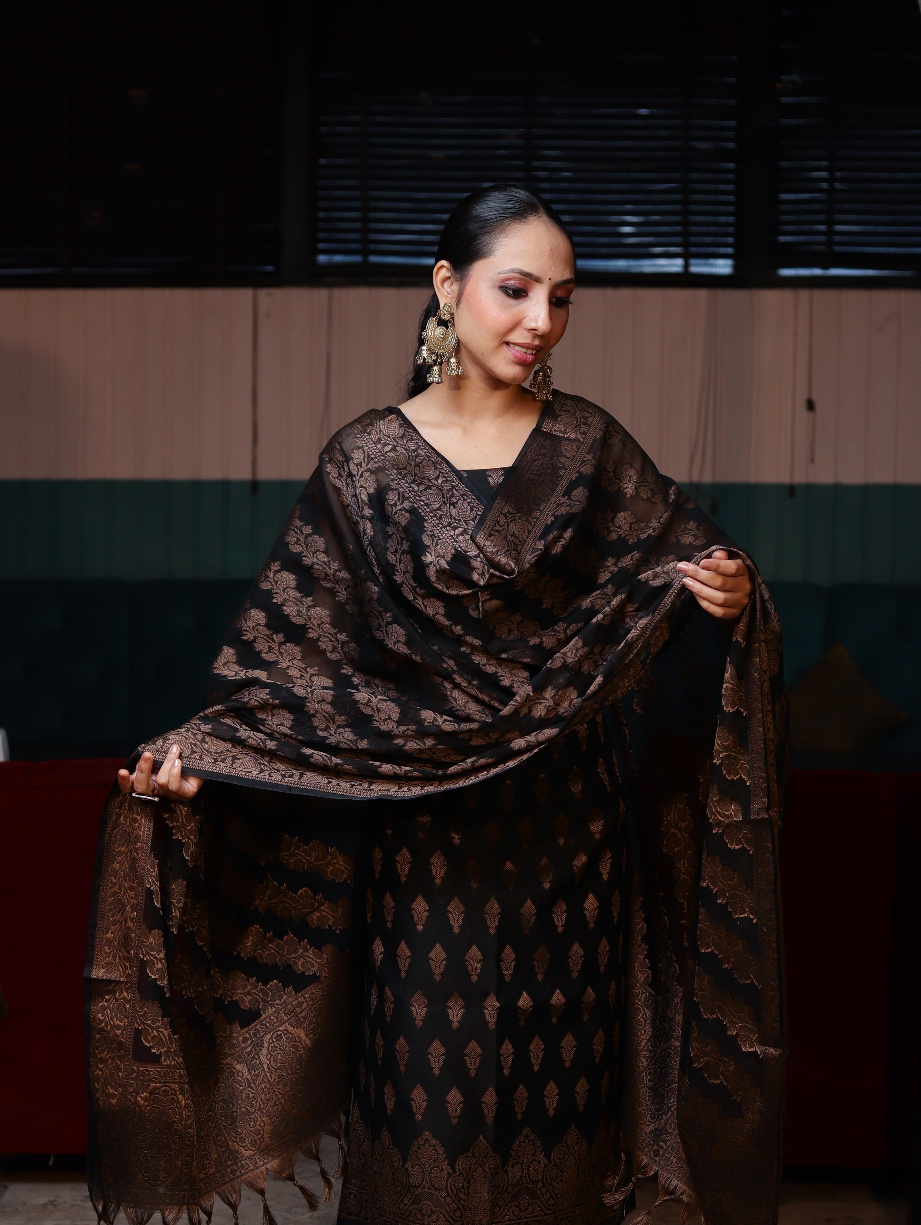 Banarasee Cotton Silk Resham Work Salwar Kameez Fabric With Dupatta Set-Black