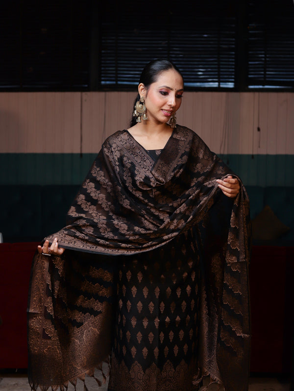 Banarasee Cotton Silk Resham Work Salwar Kameez Fabric With Dupatta Set-Black
