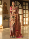 Banarasee Handwoven Badhani Print Tissue Saree With Zari Broad Border & Lace-Pink