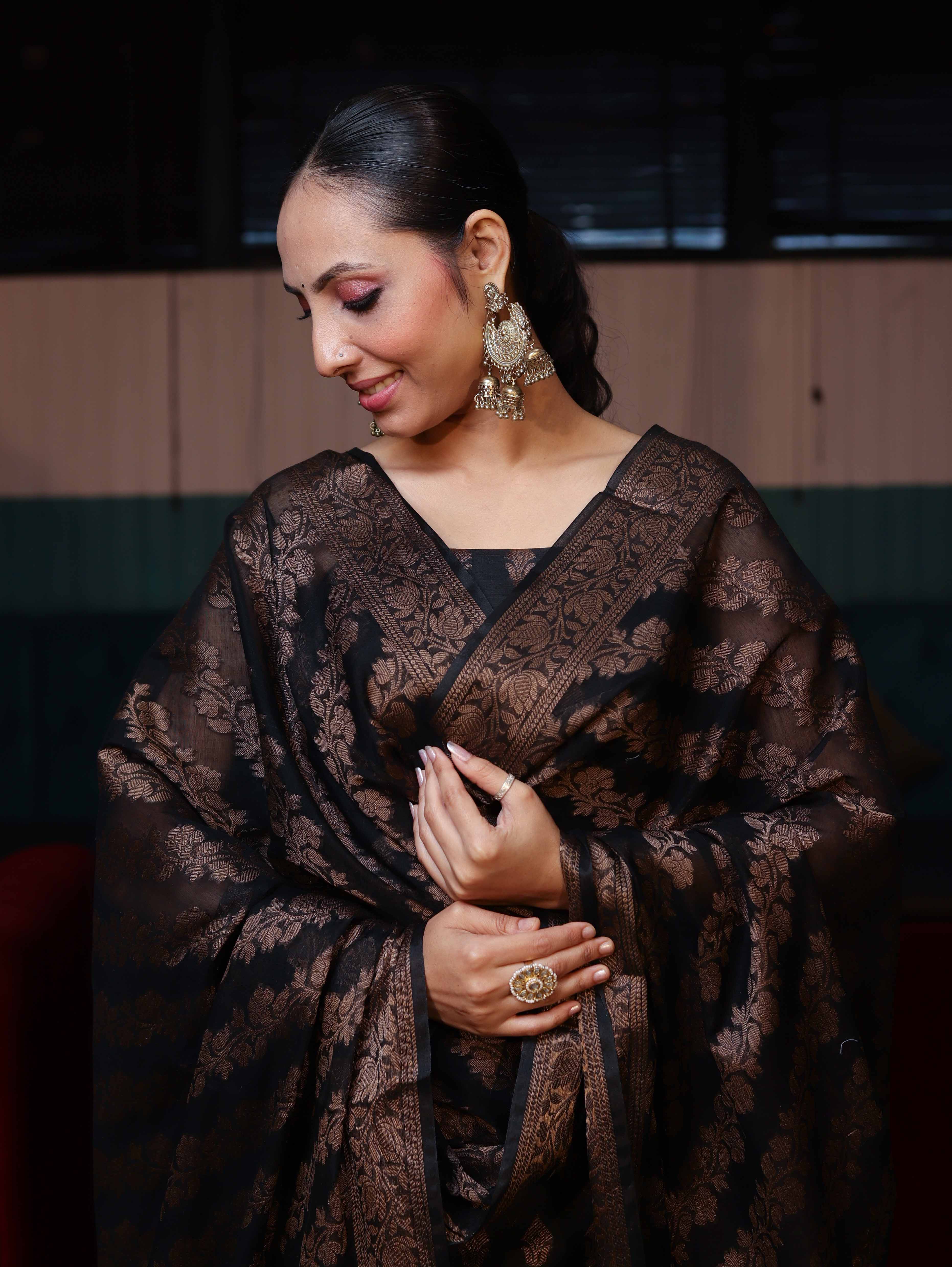 Banarasee Cotton Silk Resham Work Salwar Kameez Fabric With Dupatta Set-Black