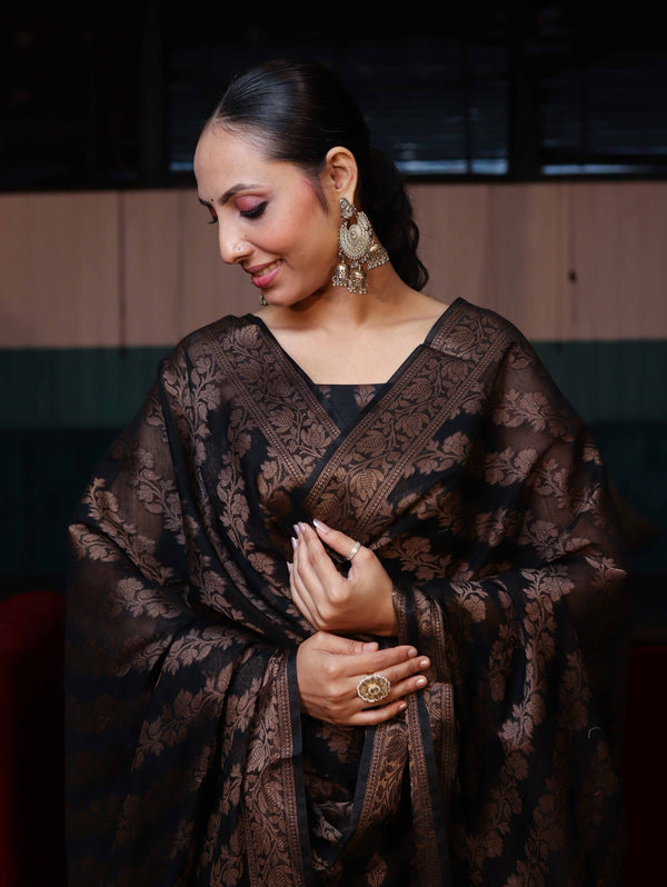 Banarasee Cotton Silk Resham Work Salwar Kameez Fabric With Dupatta Set-Black