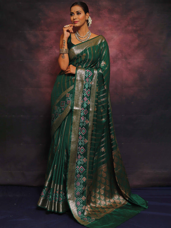Banarasee Semi Silk Meena Work Saree-Green