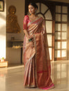 Banarasee Handwoven Badhani Print Tissue Saree With Zari Broad Border & Lace-Pink