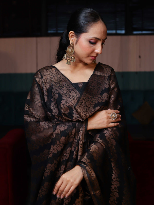 Banarasee Cotton Silk Resham Work Salwar Kameez Fabric With Dupatta Set-Black