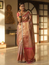 Banarasee Handwoven Badhani Print Tissue Saree With Zari Broad Border & Lace-Pink