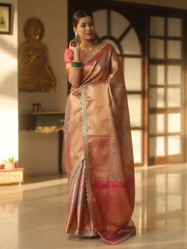 Banarasee Handwoven Badhani Print Tissue Saree With Zari Broad Border & Lace-Pink