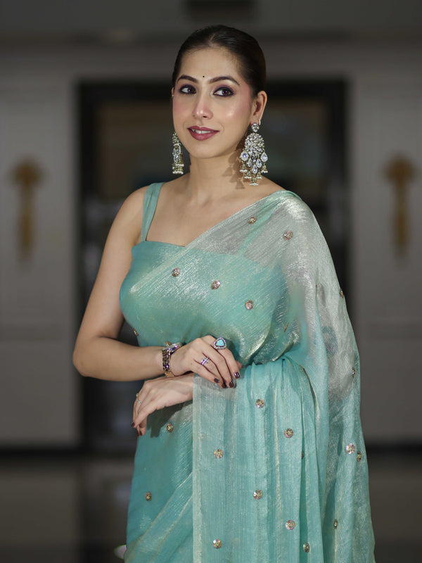 Banarasee Handwoven Dual Shaded Chiffon Saree With Aari Motifs-Light Green