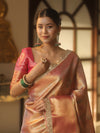 Banarasee Handwoven Badhani Print Tissue Saree With Zari Broad Border & Lace-Pink