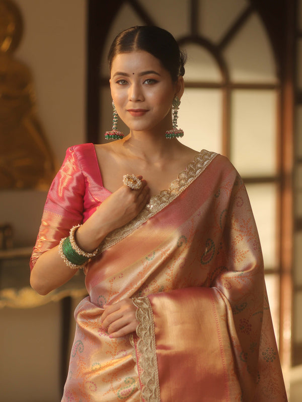 Banarasee Handwoven Badhani Print Tissue Saree With Zari Broad Border & Lace-Pink