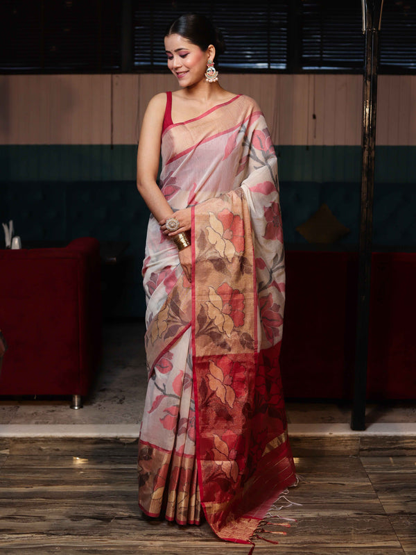 Banarasee Cotton Silk Saree With Resham Work & Tissue Border-White & Red
