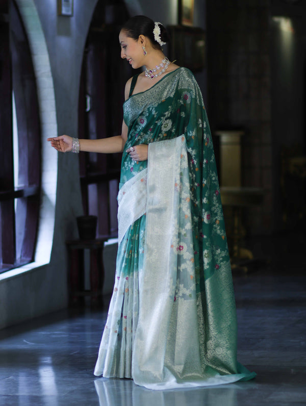 Banarasee Handwoven Georgette Saree With Zari Jaal Work & Border-Green (Dual Shade)